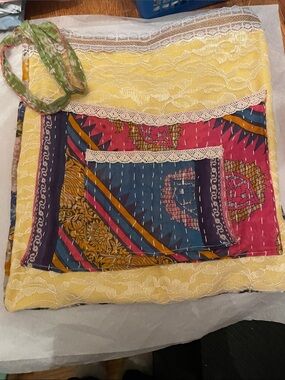 Handmade Kantha Patchwork Throw Pillow Cover - Yellow Lace & Multi Print